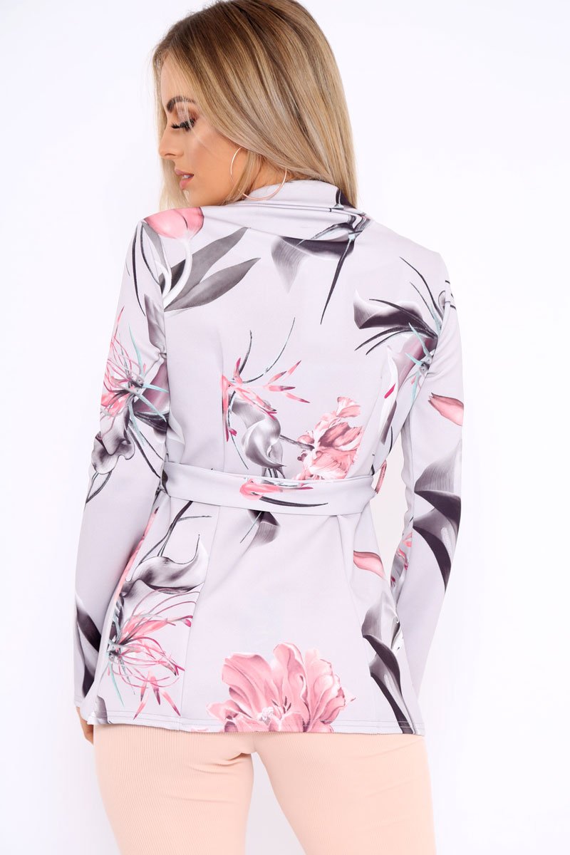 Grey Rose Floral Belted Blazer - Kenna-Jackets