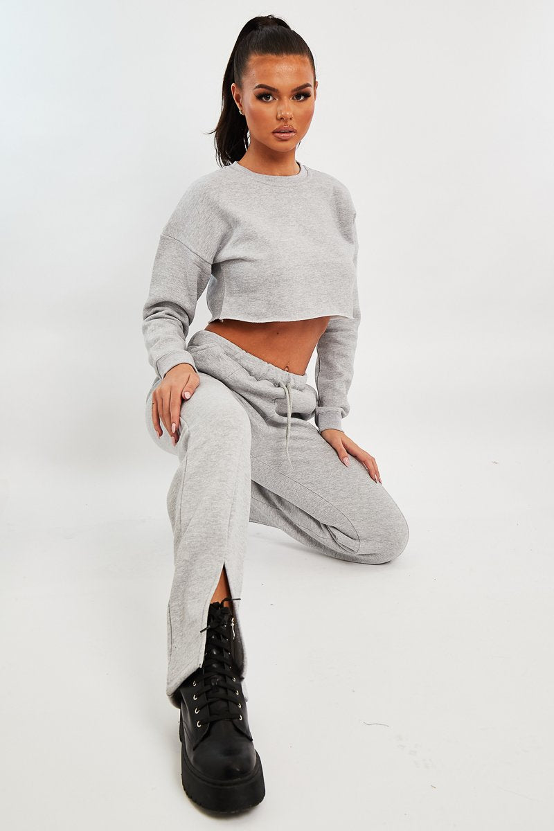 Grey Round Neck Cropped Sweatshirt - Lenny-Sweatshirts