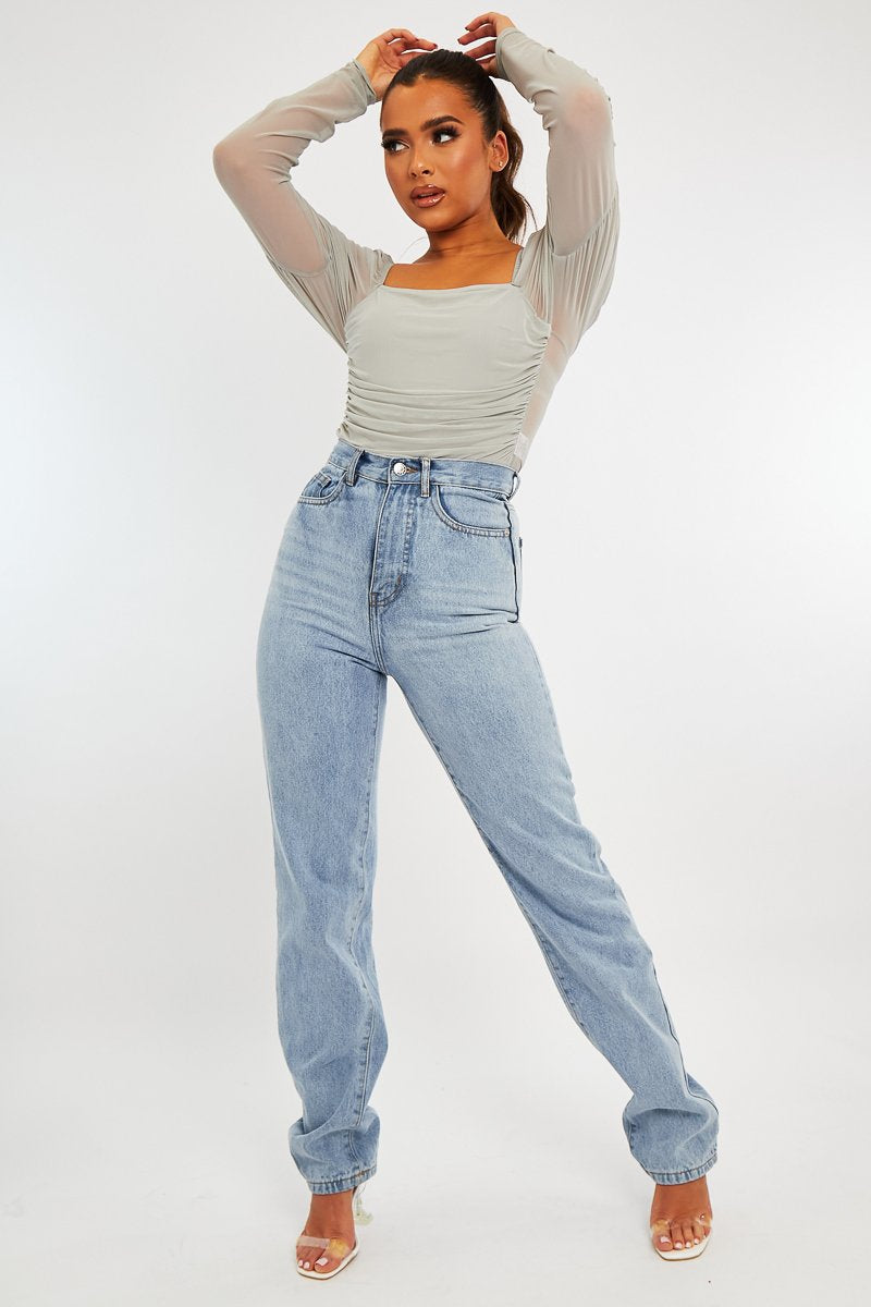 Grey Ruched Body Mesh Sleeve Bodysuit - Raeya-Bodysuits