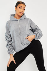 Grey Ruched Sleeve Oversized Hoodie - Dezi-Hoodies