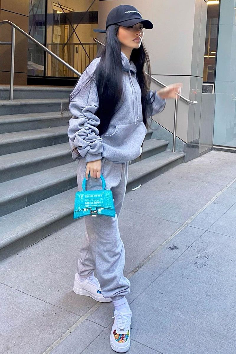 Grey Ruched Sleeve Oversized Hoodie - Dezi-Hoodies
