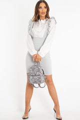 Grey Ruffle Front Pinafore Dress - Elya-Dresses