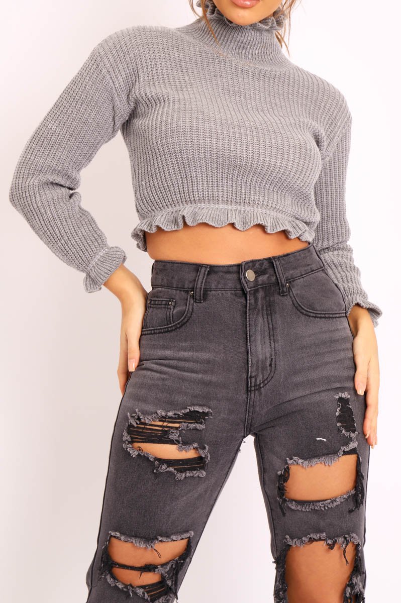 Grey Ruffle Hem Chunky Knit Crop Jumper - Alannah-Crop Jumper