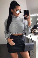 Grey Ruffle Hem Chunky Knit Crop Jumper - Alannah-Crop Jumper