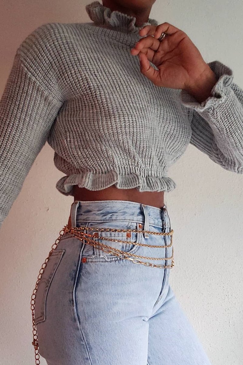 Grey Ruffle Hem Chunky Knit Crop Jumper - Alannah-Crop Jumper