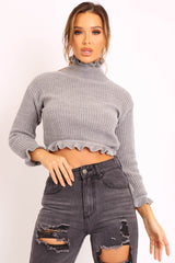 Grey Ruffle Hem Chunky Knit Crop Jumper - Alannah-Crop Jumper