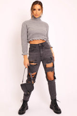 Grey Ruffle Hem Chunky Knit Crop Jumper - Alannah-Crop Jumper