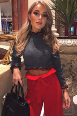 Grey Ruffle Hem With Stripe Trim Chunky Knit Crop Jumper - Alannah-Crop Jumper