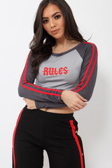 Grey Rules Contrast Sleeves Crop Top - Cora-Crop Tops