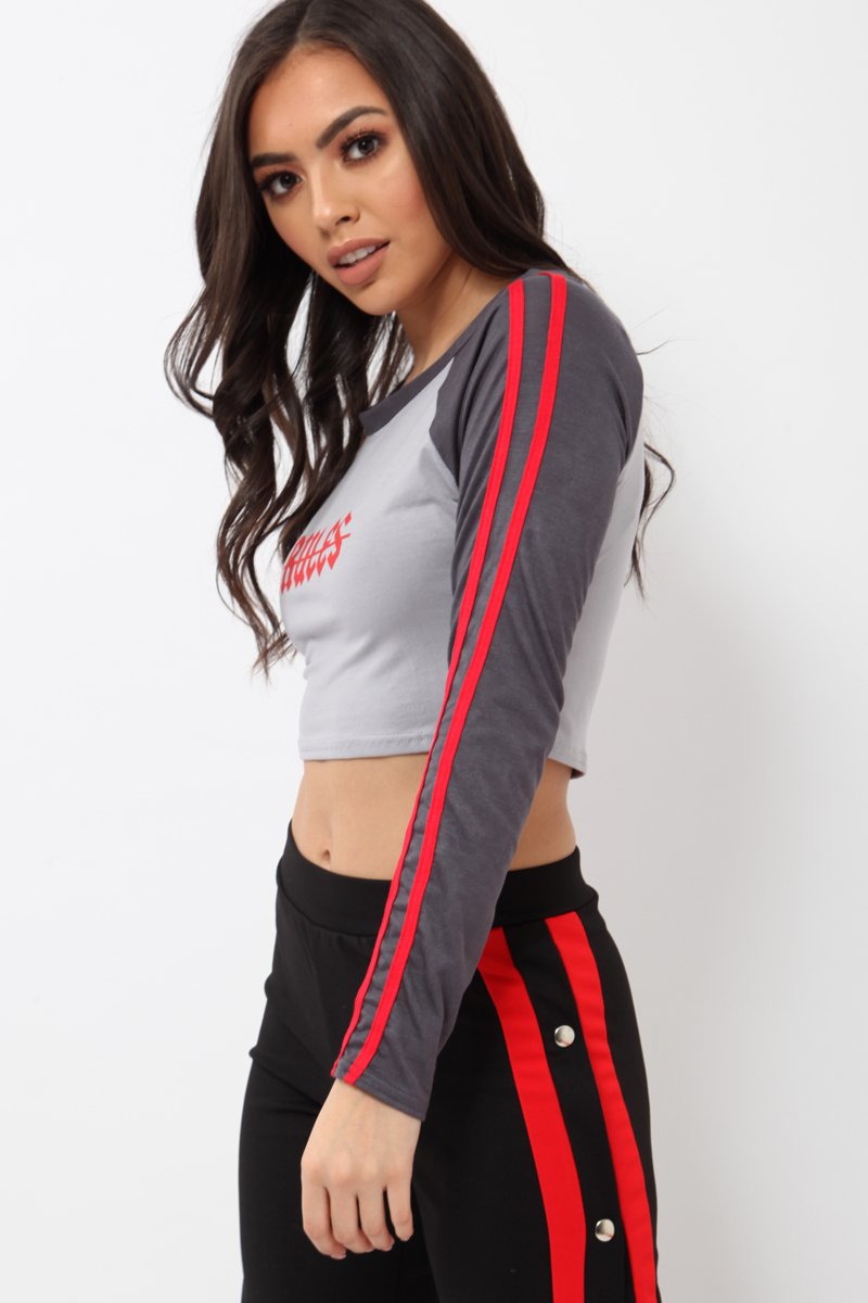 Grey Rules Contrast Sleeves Crop Top - Cora-Crop Tops