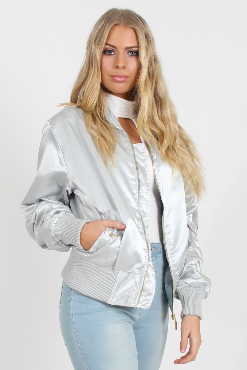 Grey Satin Bomber Jacket - Neve-Jackets