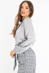 Grey Satin Tie Front Long Sleeve Blouse - Cherie-Blouse