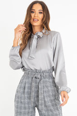 Grey Satin Tie Front Long Sleeve Blouse - Cherie-Blouse