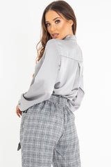 Grey Satin Tie Front Long Sleeve Blouse - Cherie-Blouse