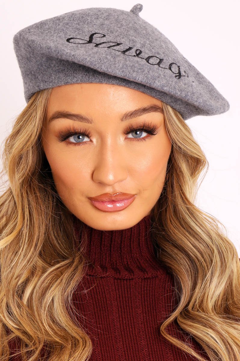 Grey Savage Slogan Beret - Darcey-Hats