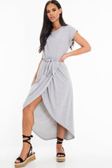 Grey Scoop Neck Belted Wrap Maxi Dress - Allie-Dresses