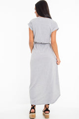 Grey Scoop Neck Belted Wrap Maxi Dress - Allie-Dresses