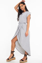 Grey Scoop Neck Belted Wrap Maxi Dress - Allie-Dresses