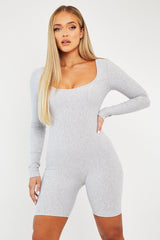 Grey Scoop Neck Long Sleeve Unitard - Esme-Playsuits