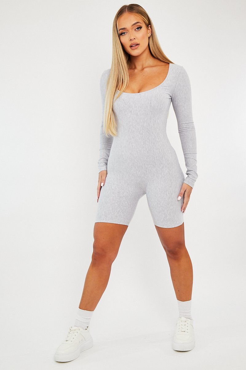 Grey Scoop Neck Long Sleeve Unitard - Esme-Playsuits