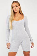 Grey Scoop Neck Long Sleeve Unitard - Esme-Playsuits