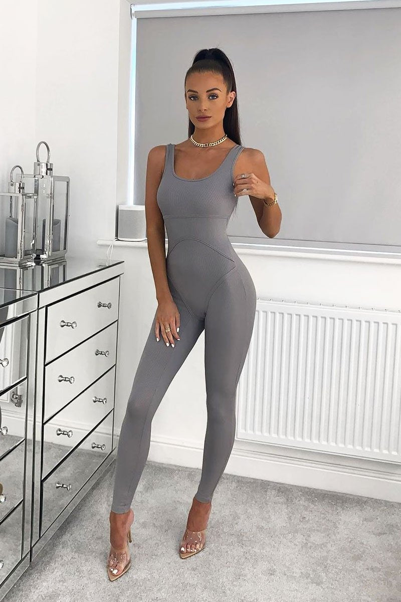 Grey Seam Corset Detail Bodycon Jumpsuit - Natalia-Jumpsuits