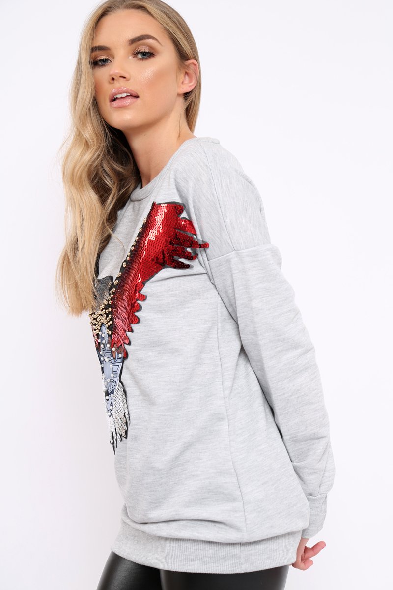Grey Sequin Embellished Rock Eagle Slogan Sweatshirt - Zaria-Sweatshirts