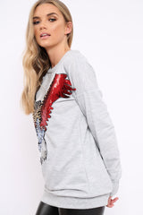Grey Sequin Embellished Rock Eagle Slogan Sweatshirt - Zaria-Sweatshirts