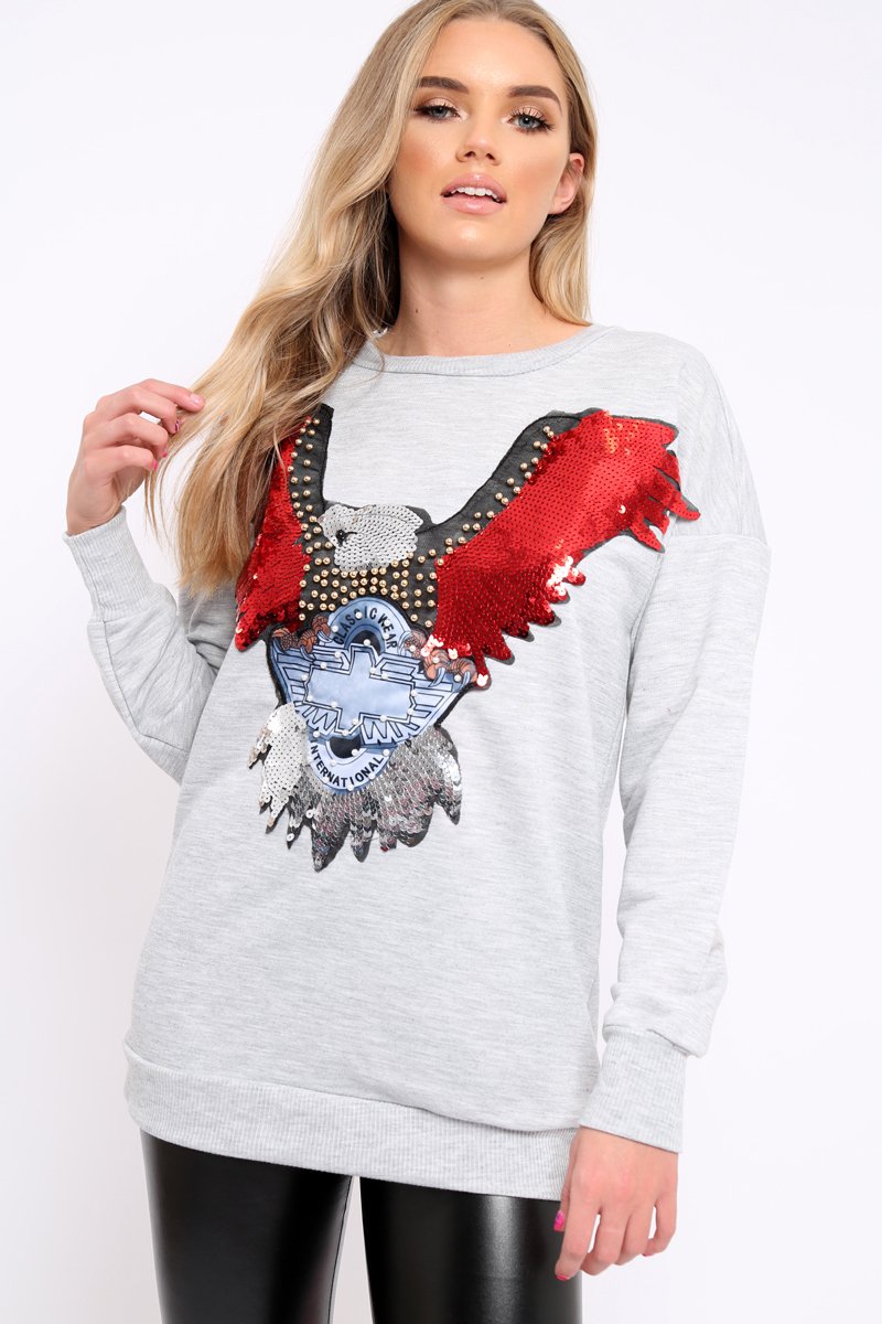 Grey Sequin Embellished Rock Eagle Slogan Sweatshirt - Zaria-Sweatshirts