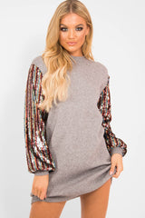 Grey Sequin Sleeve Jumper Dress - Moniece-Dresses
