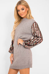 Grey Sequin Sleeve Jumper Dress - Moniece-Dresses