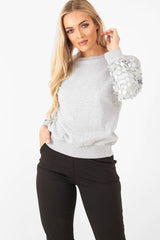 Grey Sequin Sleeve Sweatshirt - Tasmin-Sweatshirts