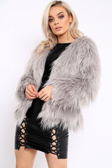 Grey Shaggy Faux Fur Coat - Emilee-Coats