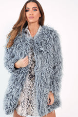 Grey Shaggy Faux Fur Coat - Evalina-Coats