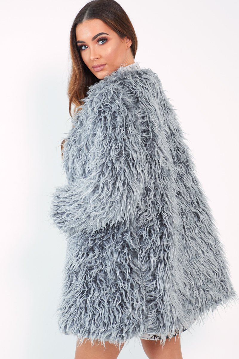 Grey Shaggy Faux Fur Coat - Evalina-Coats