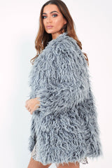 Grey Shaggy Faux Fur Coat - Evalina-Coats