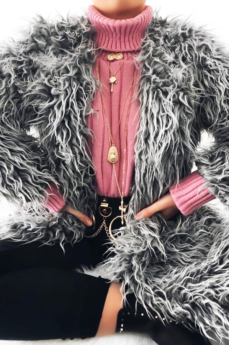 Grey Shaggy Faux Fur Coat - Evalina-Coats