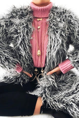 Grey Shaggy Faux Fur Coat - Evalina-Coats