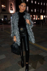 Grey Shaggy Faux Fur Coat - Evalina-Coats