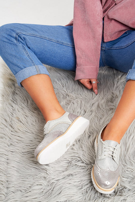 Grey Shimmer Brogue Style Trainers - Hannah