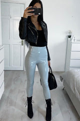 Grey Shiny Vinyl PU Leggings - Rio-Trousers