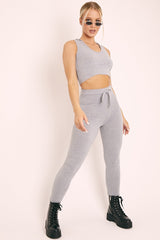 Grey Short Sleeve Hooded Crop Top and Leggings Loungewear Co-ord - Betty-Loungewear