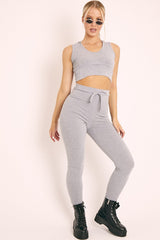 Grey Short Sleeve Hooded Crop Top and Leggings Loungewear Co-ord - Betty-Loungewear