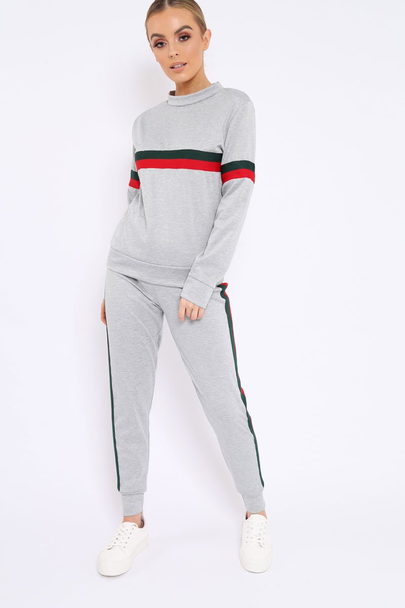 Grey Side Stripe Crew Neck Loungewear Set - Danyela-Loungewear
