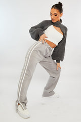 Grey Side Stripe Split Hem Wide Leg Joggers - Karris-Joggers