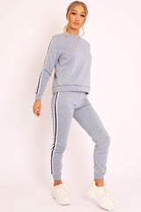 Grey Side Stripe Sweater and Joggers Tracksuit - Jilliana-Tracksuits