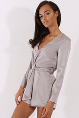 Grey Silky Front Twist Playsuit - Venus-Playsuits