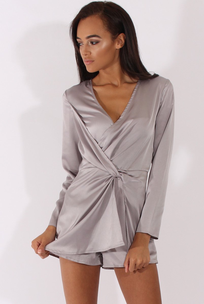 Grey Silky Front Twist Playsuit - Venus-Playsuits
