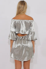 Grey Silver Metallic Bardot Bell Sleeve Open Back Dress - Cairo-Dresses