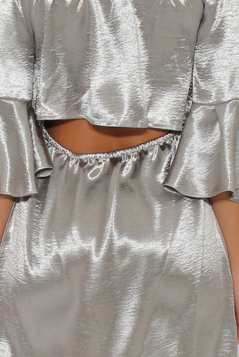 Grey Silver Metallic Bardot Bell Sleeve Open Back Dress - Cairo-Dresses